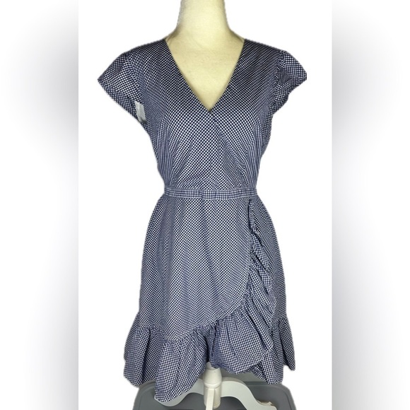 J. Crew Faux-wrap Mini Cap Sleeve Dress In Gingham Navy & White Cotton Size 6 - Picture 2 of 6